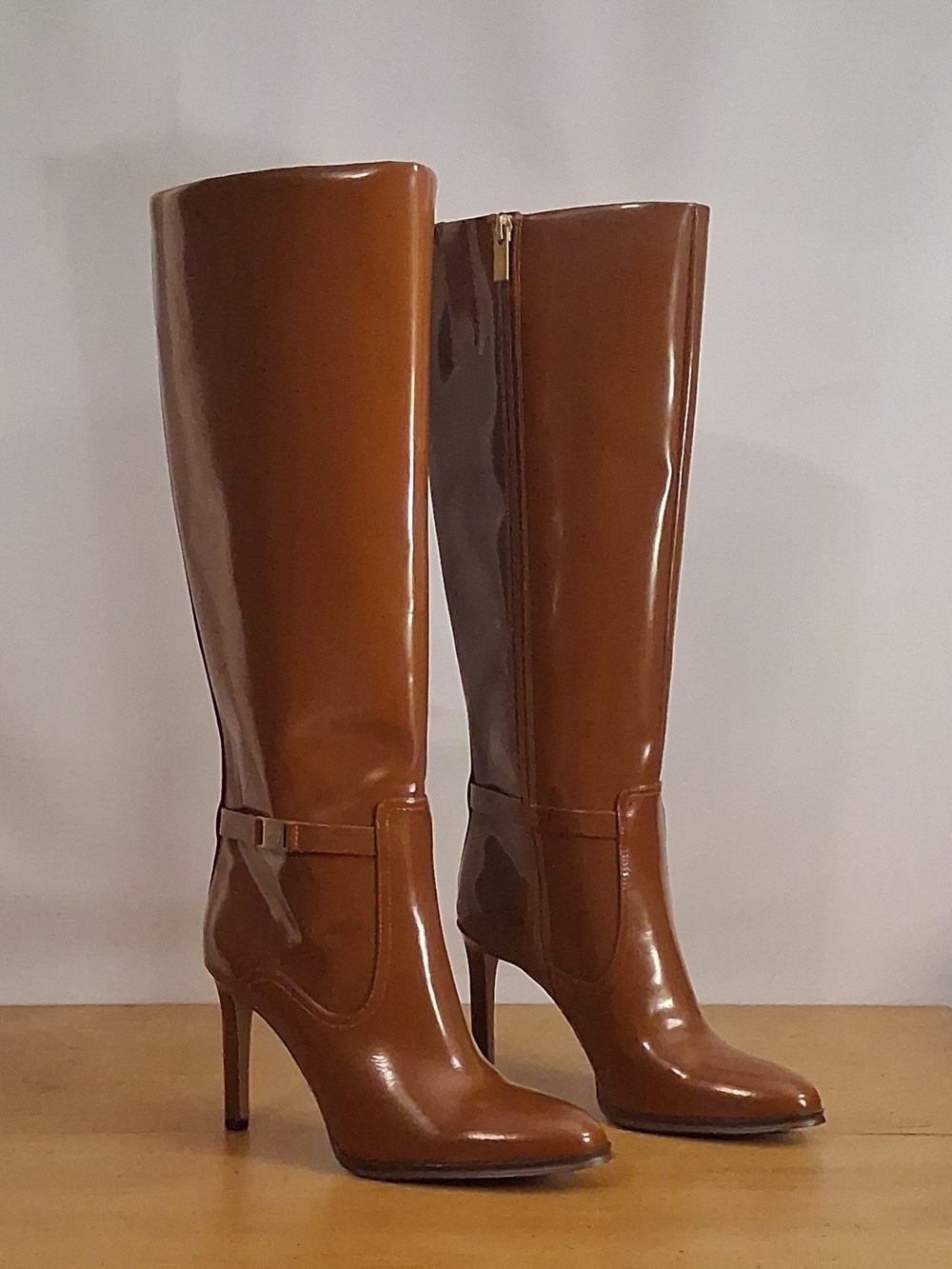Vince Camuto Cognac Tall Patent Leather Stiletto Knee-High Boots